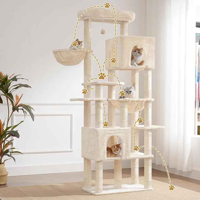 Heybly Cat Tree, 76-Inch Tall Heavy Duty Cat Tower for Big Cats with Extra Wide Baseboard, Multi-Level Large Cat Furniture with 2 Condos & 2 Hammocks, 10 Scratching Posts, Beige HCT039M