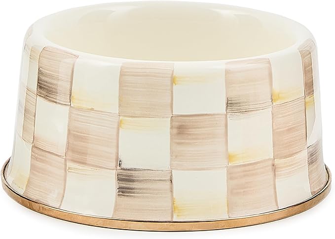 MACKENZIE-CHILDS Enamel Pet Bowl, Cute Cat and Dog Bowl for Food and Water, Medium, Brown-and-White Mocha Check