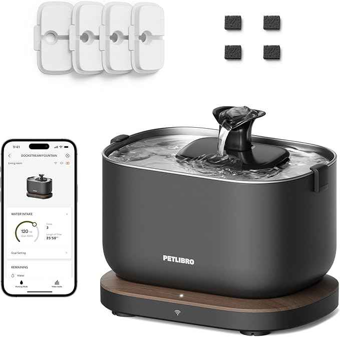 Bundle of PETLIBRO App Monitoring Cat Water Fountain with Wireless Pump + 4 Packs Genuine Replacement Filters, 2.5L/84oz Dockstream Pet Water Fountain for Cats Inside, Auto Cat Water Dispenser Dog