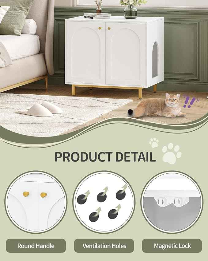 Cat Litter Box Enclosure, Hidden Litter Box Furniture Cabinet, Wooden Indoor Cat House, Side End Table, Living Room, Bedroom, White and Gold CB85003G
