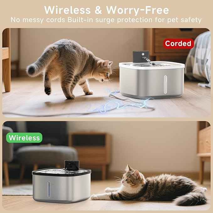 Cat Water Fountain Stainless Steel, 118oz/3.5L Cordless Automatic Pet Water Dispenser for Cats Indoor, with Motion Sensor, Ultra Quiet Pump, Rechargeable & Multi-Filtration (Silver)