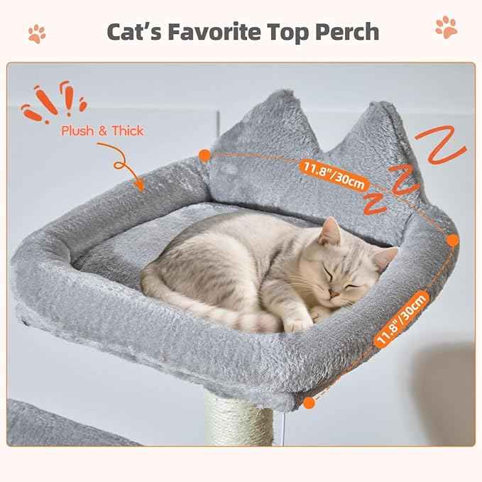 Taoqimiao Cat Tree for Indoor Cats, 55.1In Sturdy Cat Tower, Large Platform, Rotatable Round Condo with Large Scratch Board, Extended Cat House, Thickened Full-Sisal Scratching Post, Light Gray, F10W
