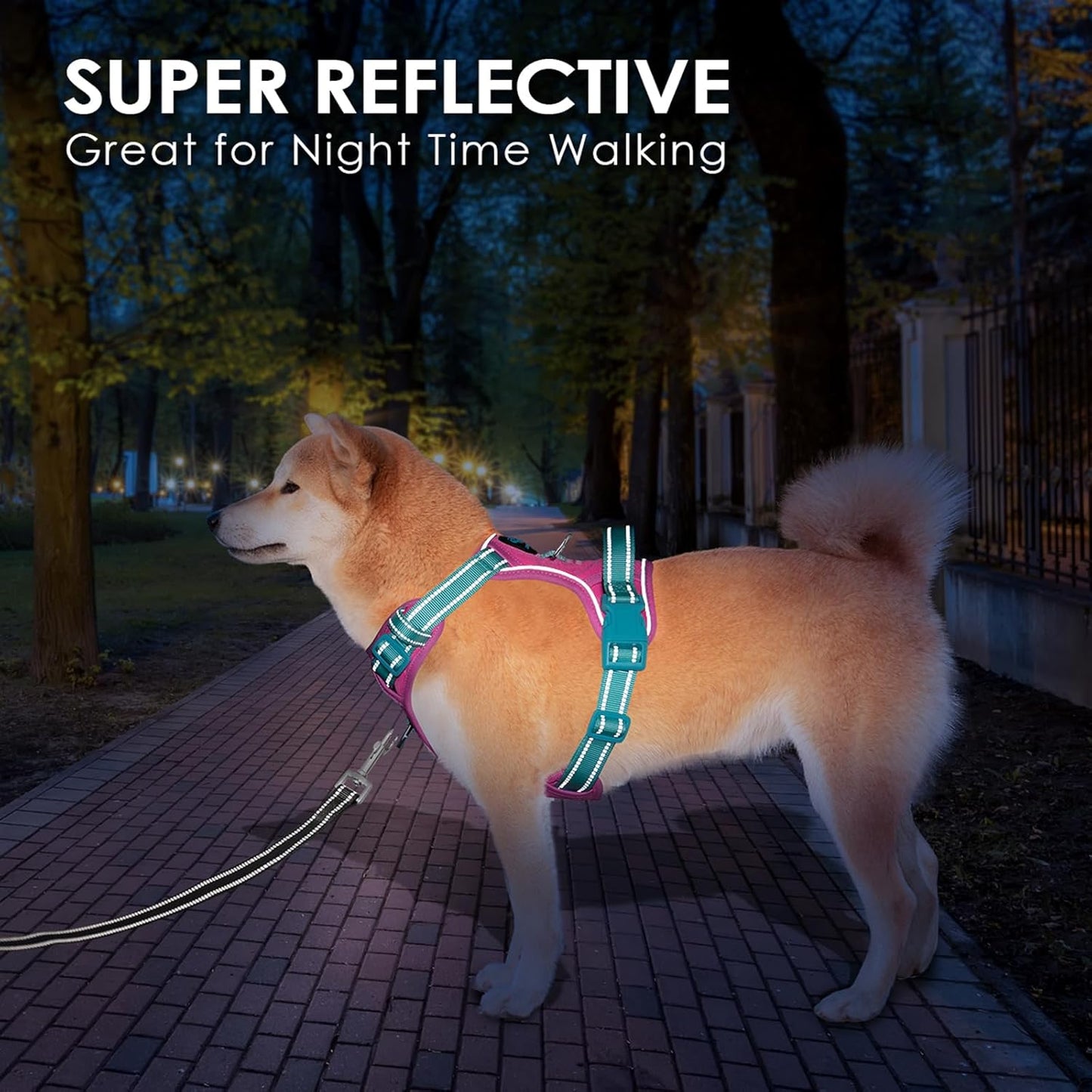 PHOEPET No Pull Dog Harness, Unique Colors Reflective Adjustable Dog Vest, with Soft Training Handle Metal Clips for Small Medium Large Dogs (Pink Base & Green Straps,L)