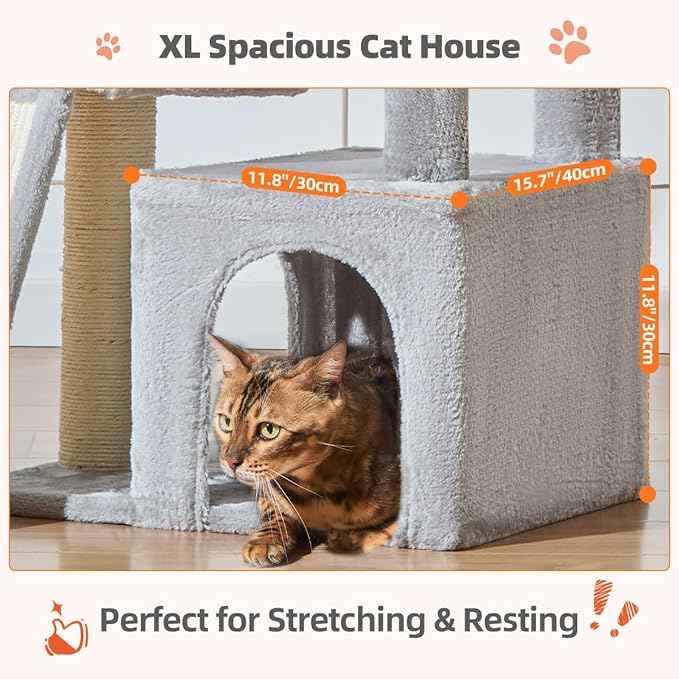 Taoqimiao Cat Tree for Indoor Cats, 55.1In Sturdy Cat Tower, Large Platform, Rotatable Round Condo with Large Scratch Board, Extended Cat House, Thickened Full-Sisal Scratching Post, Light Gray, F10W