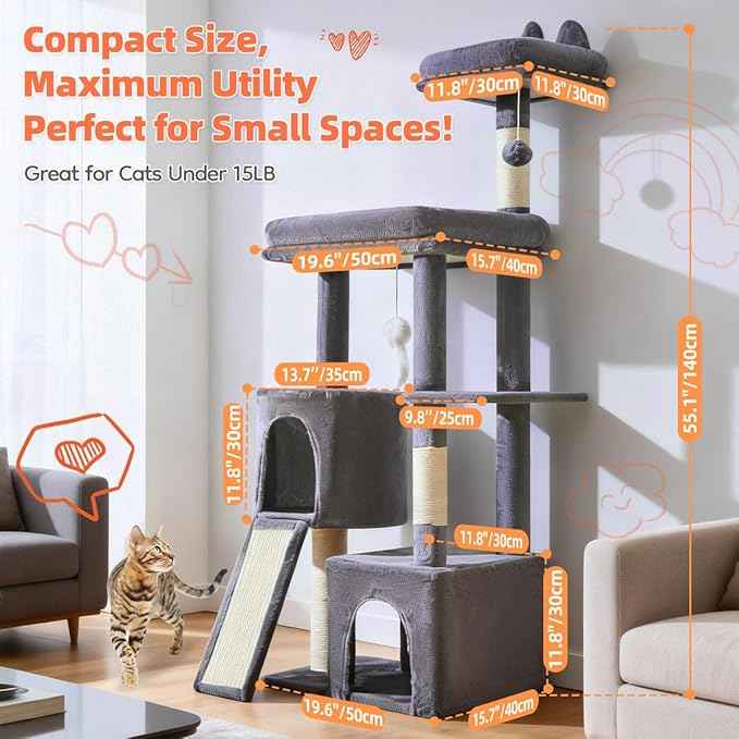 Taoqimiao Cat Tree for Indoor Cats, 55.1In Sturdy Cat Tower, Large Platform, Rotatable Round Condo with Large Scratch Board, Extended Cat House, Thickened Full-Sisal Scratching Post, Smoky Gray, F10G
