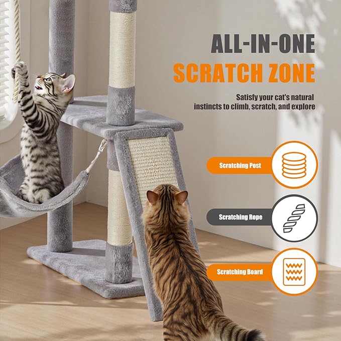 DUMOS Large 63in Cat Tree Tower, Multi Level Cat Climbing Tower with Condo, Natural Sisal Scratching Posts, Extended Platform, Hammock, Pet House for Indoor Cats and Kittens Play, Light Grey
