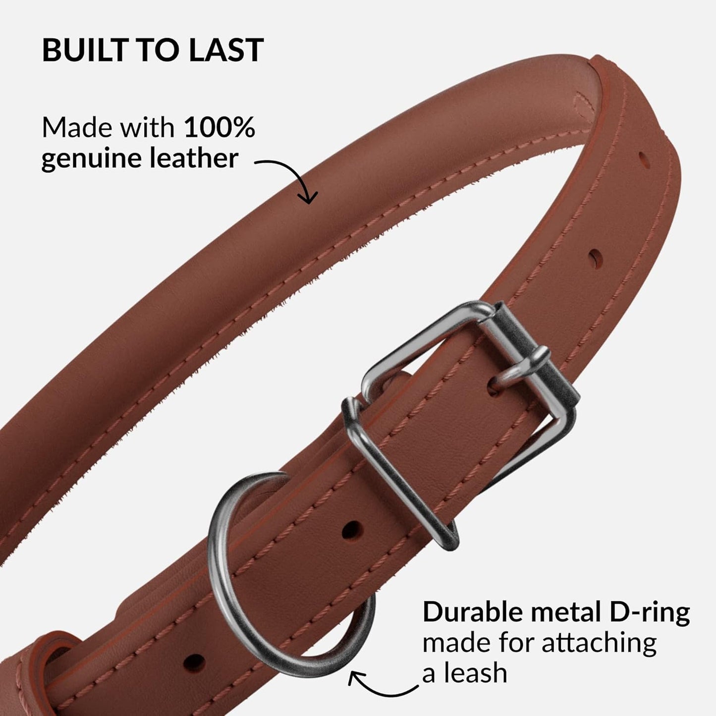 CollarDirect Rolled Leather Dog Collar, Soft Padded Round Puppy Collar, Handmade Genuine Leather Collar Dog Small Large Cat Collars 13 Colors (6 Inch, Cinnamon Smooth)