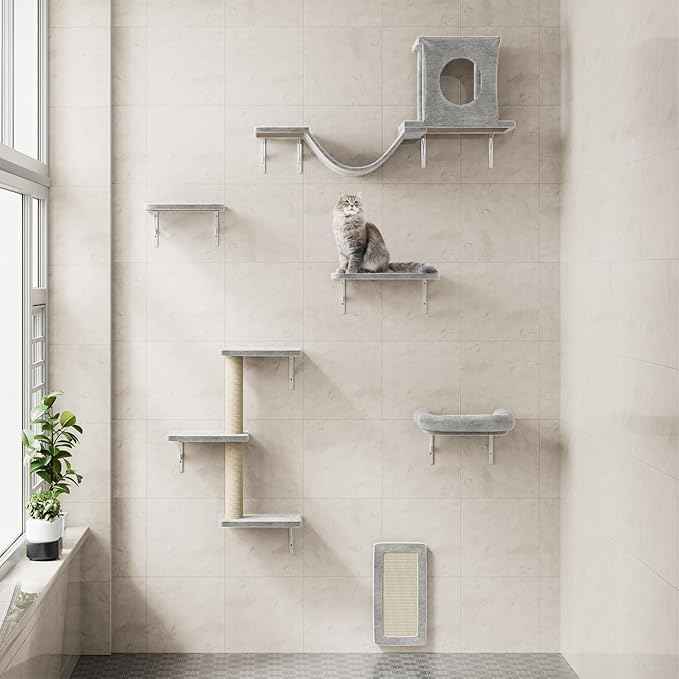 NUNU LAB Wall Mounted Cat Wall Shelves, 12-in-1 Cat Wall Climber with Condos House, Scratching Post, Bridge Ladder, Indoor Space-Saving Furniture for Kittens Play, Gray