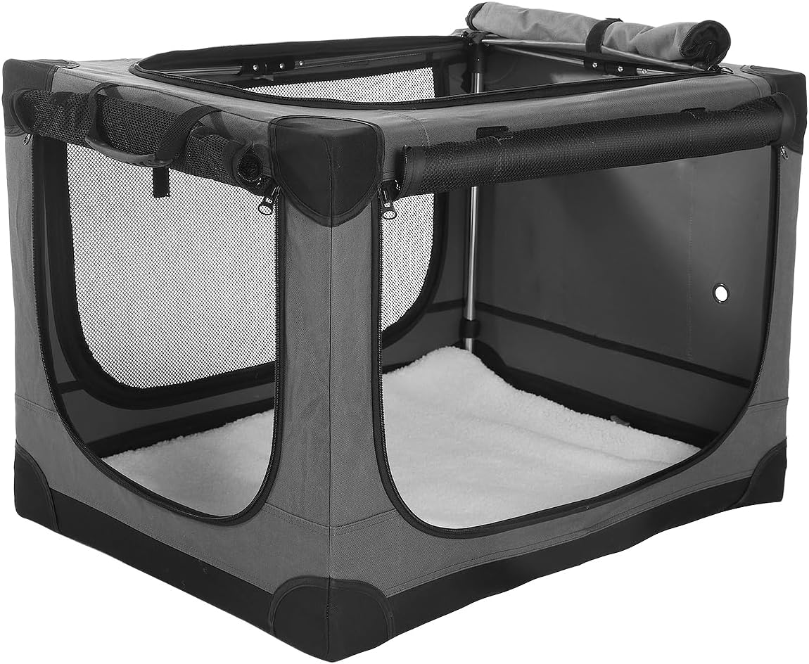 36-Inch Collapsible Travel Dog Crate, Portable 4-Door Soft Kennel for Medium to Large Dogs, Durable Mesh Windows, Indoor/Outdoor Use, Foldable, with Storage Bag (Grey)