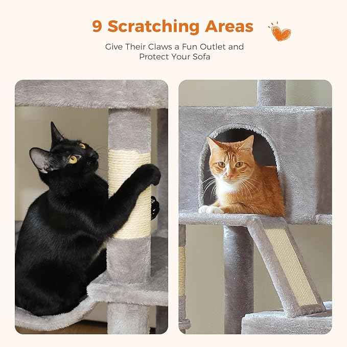 70.8" Tall Cat Tree for Indoor Cats Large Adult, Multi-Level Climbing Tower with Perches, Condo, Hammock, and Sisal Scratching Posts, Easy to Assemble, Light Gray
