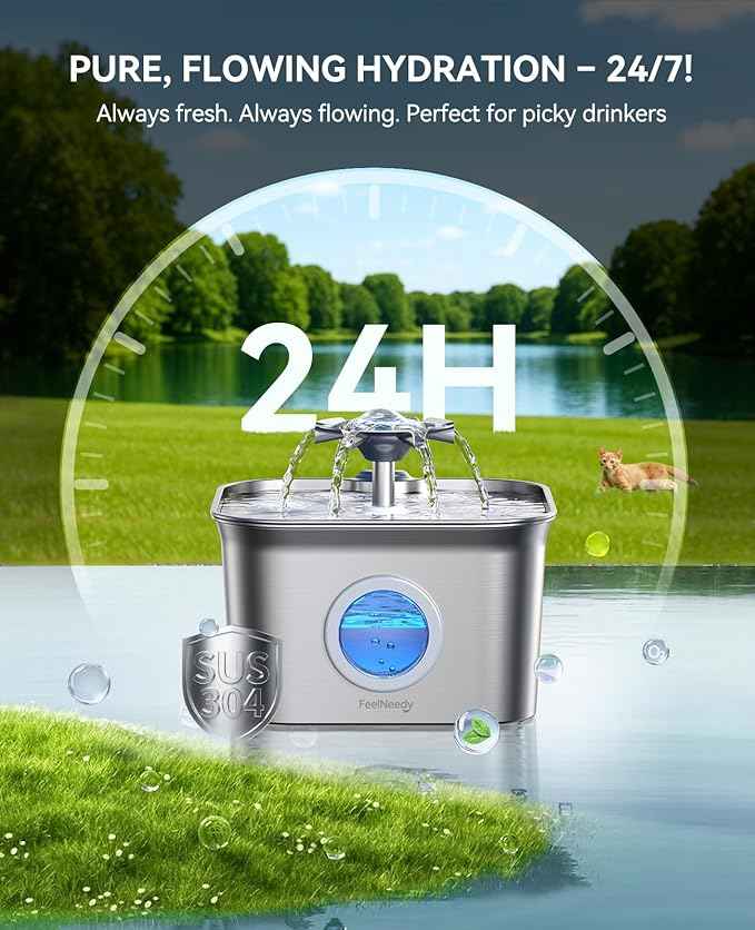 Stainless Steel Cat Water Fountain, 2.8L with 20dB Ultra-Quiet Pump- Ideal for Timid Pets, LED Water Level Window, Dishwasher Safe, 24/7 Circulation- Includes 6 Replacement Filters