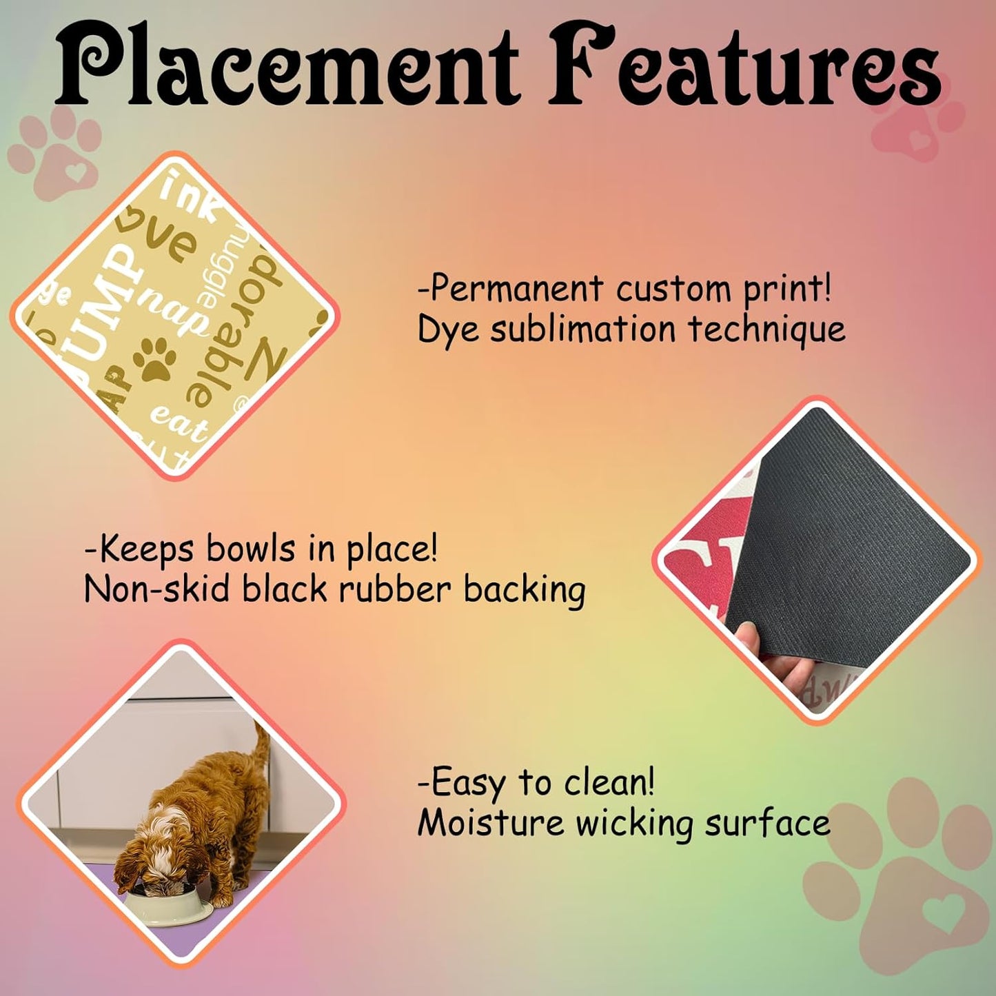Personalized Dog Cat Feeding Mat Custom Pet Food Mat Waterproof Non-Slip Customized Puppy Name Photo Placemat Dish Rug Floor Protector Gifts for Pets Lover Pattern 4
