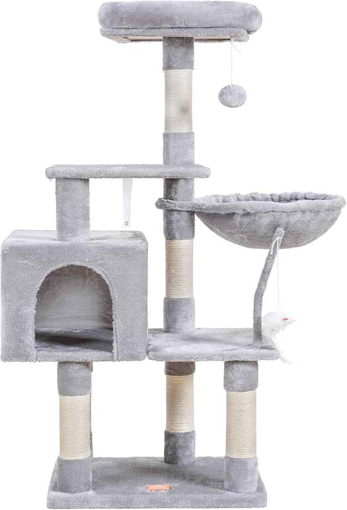 Heybly Cat Tree with Toy, Cat Tower Condo for Indoor Cats, Cat House with Padded Plush Perch, Cozy Hammock and Sisal Scratching Posts, Light Gray HCT004W
