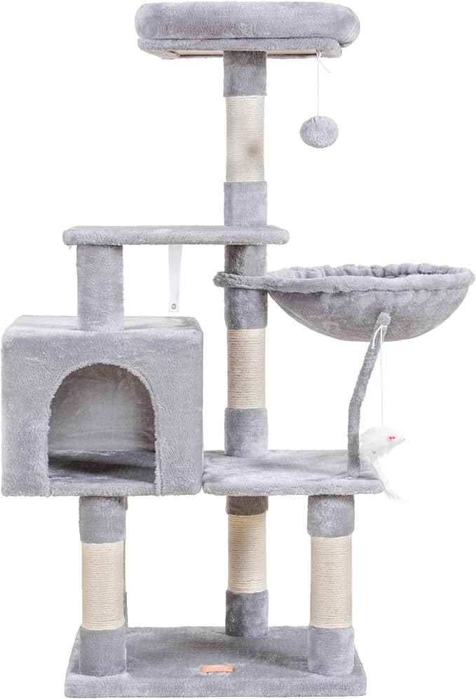Heybly Cat Tree with Toy, Cat Tower Condo for Indoor Cats, Cat House with Padded Plush Perch, Cozy Hammock and Sisal Scratching Posts, Light Gray HCT004W