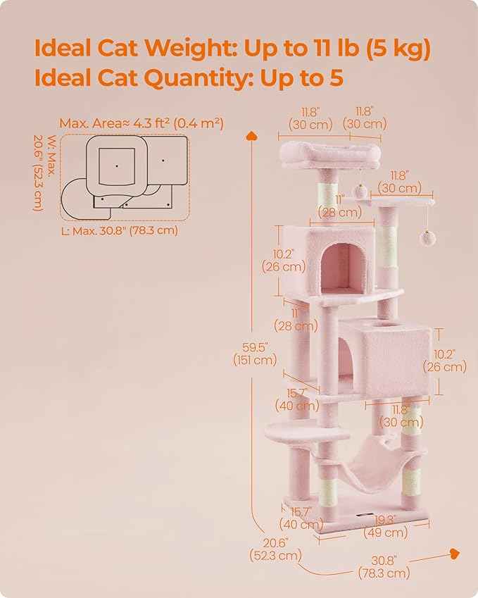Feandrea Cat Tree, 59.5-Inch Tall Cat Tower, Plush Multi-Level Condo with 5 Scratching Posts, 2 Perches, 2 Caves, Hammock, 2 Pompoms, Jelly Pink UPCT192P01
