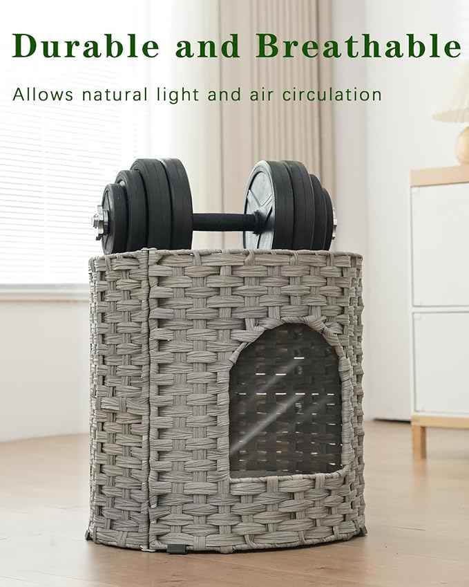 Cat House for Indoor Cat, Large Double Cat Houses Cat Bed Cave, Handwoven Rattan Pet Beds with One Soft Pad, 17 x 17 x 17 Inches Foldable Kitten Hideaway in Living Room Gray