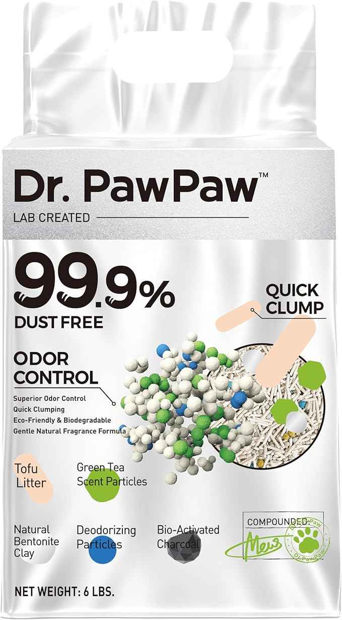 Tofu Cat Litter, Dr. PawPaw Clumping Cat Litter, Green Tea Scent 6 lb, Dust-Free Keep Kitty Tidy, Superior Odor Control Keep Step Fresh