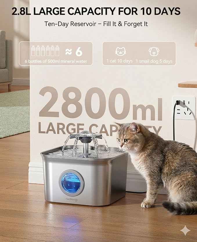Stainless Steel Cat Water Fountain, 2.8L with 20dB Ultra-Quiet Pump- Ideal for Timid Pets, LED Water Level Window, Dishwasher Safe, 24/7 Circulation- Includes 3 Replacement Filters