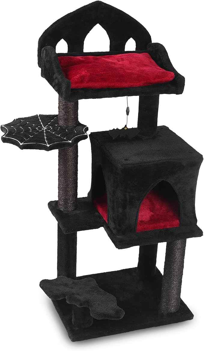 Gothic Cat Tree - 40" Goth Cat Bed, Spacious Condo, Spooky Hanging Bat, Durable Sisal Scratching Post - Elegant Black Cat Tree for Majestic Felines