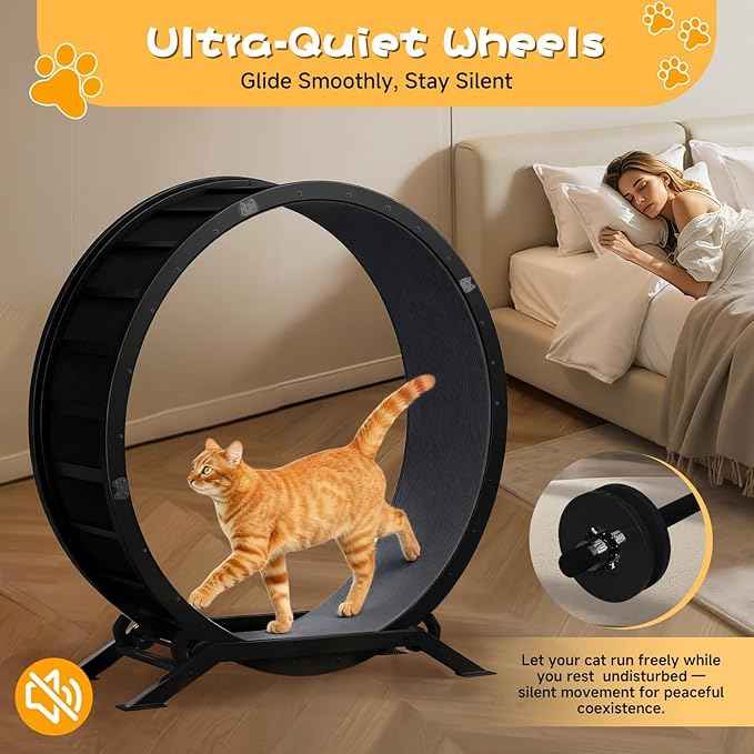 GTRACING Cat Wheels, 40" Diameter, Large Cat Exercise Wheel for Indoor Cats cat Treadmill Metal with Detachable Carpet & Teaser/Stickers, Ultra-Quiet Scroll Wheel with Latch, Safe and Stable, Dark