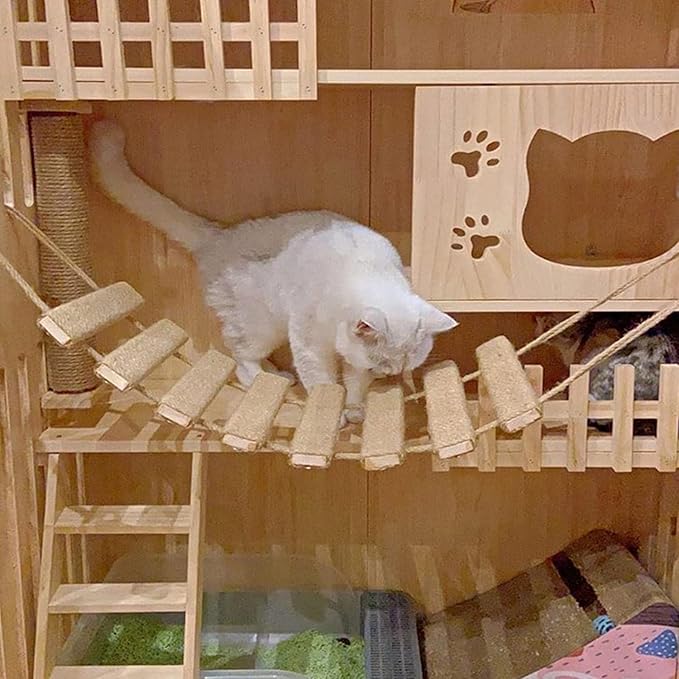 Outdoor Cat Tree with Wall Climbing Bridge & Rope Ladder - 20in Hemp Rope Cat Wall Furniture Cat Ladder