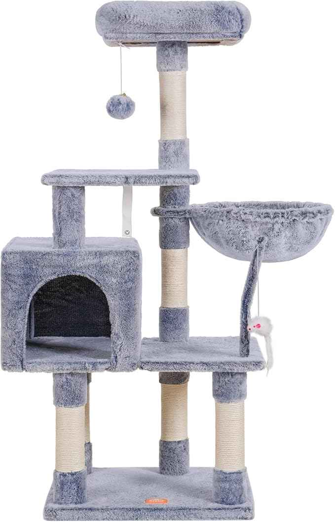 Heybly Cat Tree with Toy, Cat Tower Condo for Indoor Cats, Cat House with Padded Plush Perch, Cozy Hammock and Sisal Scratching Posts, Pewter HCT004PE
