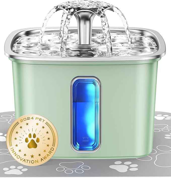 Veken Innovation Award Winner Stainless Steel Cat Water Fountain, 108oz/3.2L Automatic Pet Fountain Dog Water Dispenser with Replacement Filters & Silicone Mat for Cats, Dogs (Tea Green)