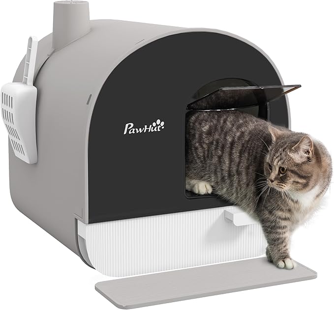 PawHut Cat Litter Box with Lid, Covered Litter Box for Indoor Cats with Tray, Scoop, Filter, 17" x 17" x 18.5", Light Gray