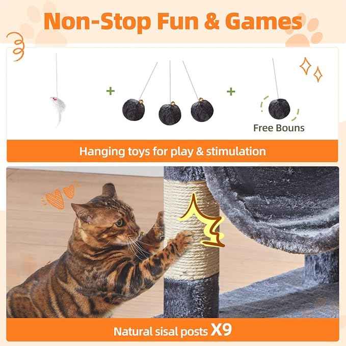 Taoqimiao Large Cat Tree，73-Inch Cat Tree Tower with 9 Scratching Posts for Indoor Cats, 2 Large Cat Condo with Hammock, Hanging Basket, 2 Extended Platform, Smoky Gray MS013XLG