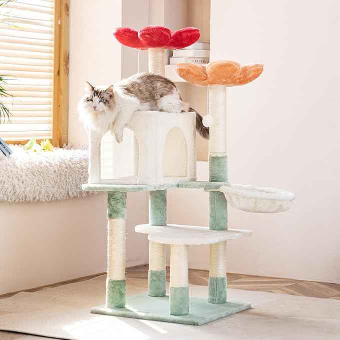 HYABi 48-inch Modern Cat Tree with Hanging Basket & Flower Design, Multi-Level Cat Tower with Plush Perches, Sisal Scratching Posts & Toy Balls, Stylish Indoor Playhouse for Cats & Kittens