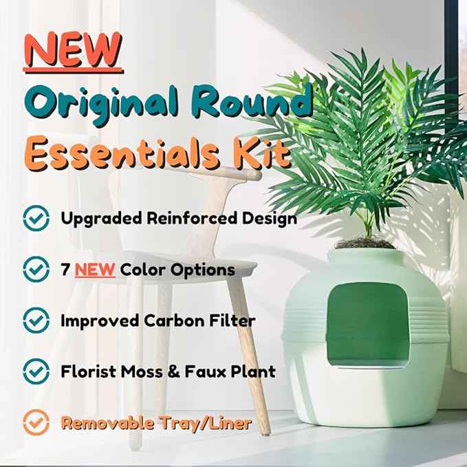 Good Pet Stuff Hidden Litter Box Planter, Decorative Cat Litter Enclosure with Carbon Filter, Artificial Plant, Easy Clean, Removable Liner, Round Style, Essentials Kit, Sage Green