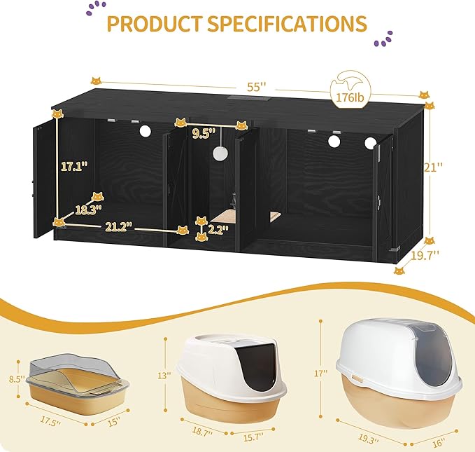 55" L Cat Litter Box Enclosure for 2 Cats, Double Hidden Litter Box Furniture with Scratch Pad, Wooden Cat Cabinet with USB Ports & Power Outlets, Farmhouse TV Stand, Black CB82504X
