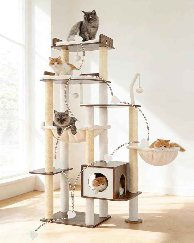 Heybly Cat Tree, 70.5 Inch Wood Tall Cat Tower for Large Indoor Cats with Extra Stable Structure, Modern Cat Furniture with All-Sisal Scratching Posts, Cat Condo & Hammocks, Rustic Brown HCT121SR