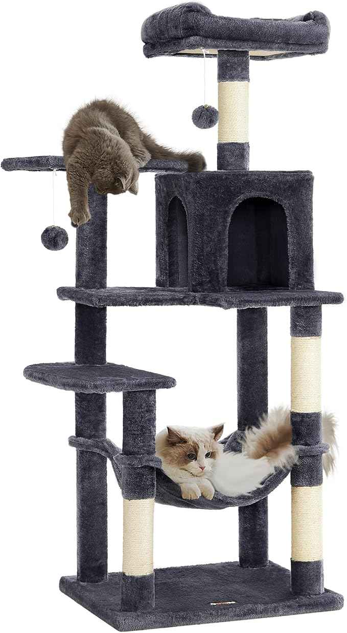 Feandrea Cat Tree, 55.1-Inch Cat Tower, Plush Multi-Level Condo with 4 Scratching Posts, 2 Perches, Hammock, Cave, Smoky Gray UPCT161G01