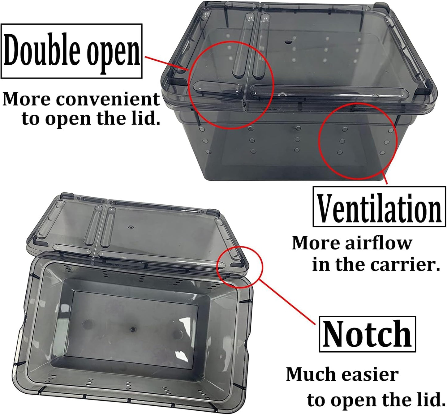 PINVNBY Reptile Enclosure Terrarium 2-Pack - 12.6"x8.7"x5.9" Multi-Purpose Transparent Plastic Habitat Cage for Gecko Scorpion Spider Snake Breeding Feeding & Cricket Keeper with Ventilated Lid, Black - FurryFun