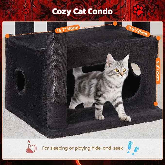 Taoqimiao Gothic Cat Tree,38.5-Inch Cat Tower for Indoor Cats,Suitable for Kittens with Luxurious cat condo with Adjustable Baskets and Luxurious Perch MS029SBR Black and Red