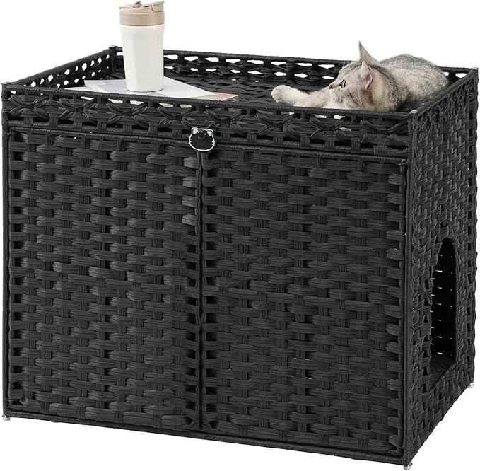 Cat Litter Box Enclosure Furniture, Hidden Litter Box, Cat Litter Box Cabinet with 2 Litter Mats, Handwoven Rattan Large Space Cat House, Indoor for Living Room, Bedroom, Apartment Black