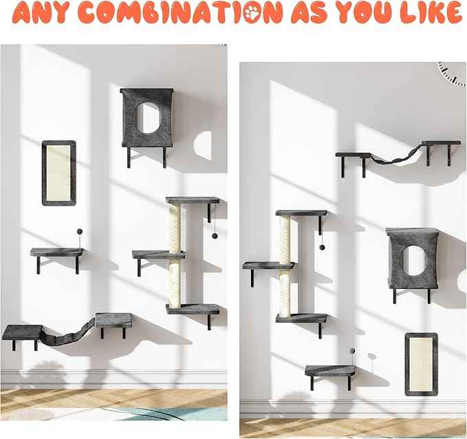 NUNU LAB Cat Wall Shelves, 5Pc Wall Mounted Cat Climber, Floating Perch, Bridge,Tree, House, Modern Indoor Furniture for Kitten - Gray