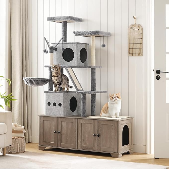 HOOBRO Double Litter Box Enclosure with Cat Tree, 45.3" L x 17.7" W x 68.9" H All-in-One Modern Cat Tower with Bed, Hidden Litter Box Enclosure Furniture, with Hammock, Sisal Posts, Greige BG22MZ03