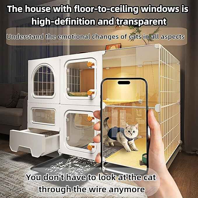 Indoor cat cage with Litter Box, Complimentary Cat Bed, Bow,lcat House with Wheels Outdoor,Large cat Villa Playpen, Small Animal Dog Kennel cat enclosures (41″(L) x18″(W) x46″(H))