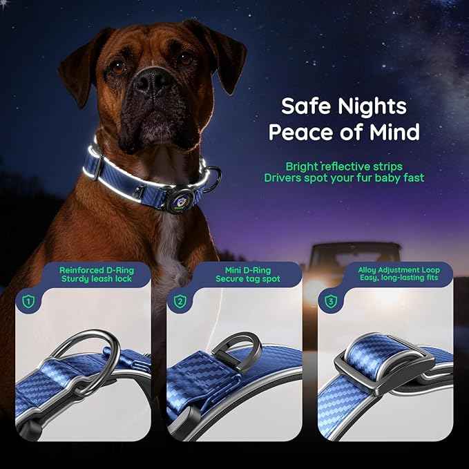 WhoseID Premium Leather Dog Collar - AirTag Dog Collar | Fur-Safe Magnetic Buckle | IPX8 Waterproof Reflective Small Dog Collar with AirTag Holder