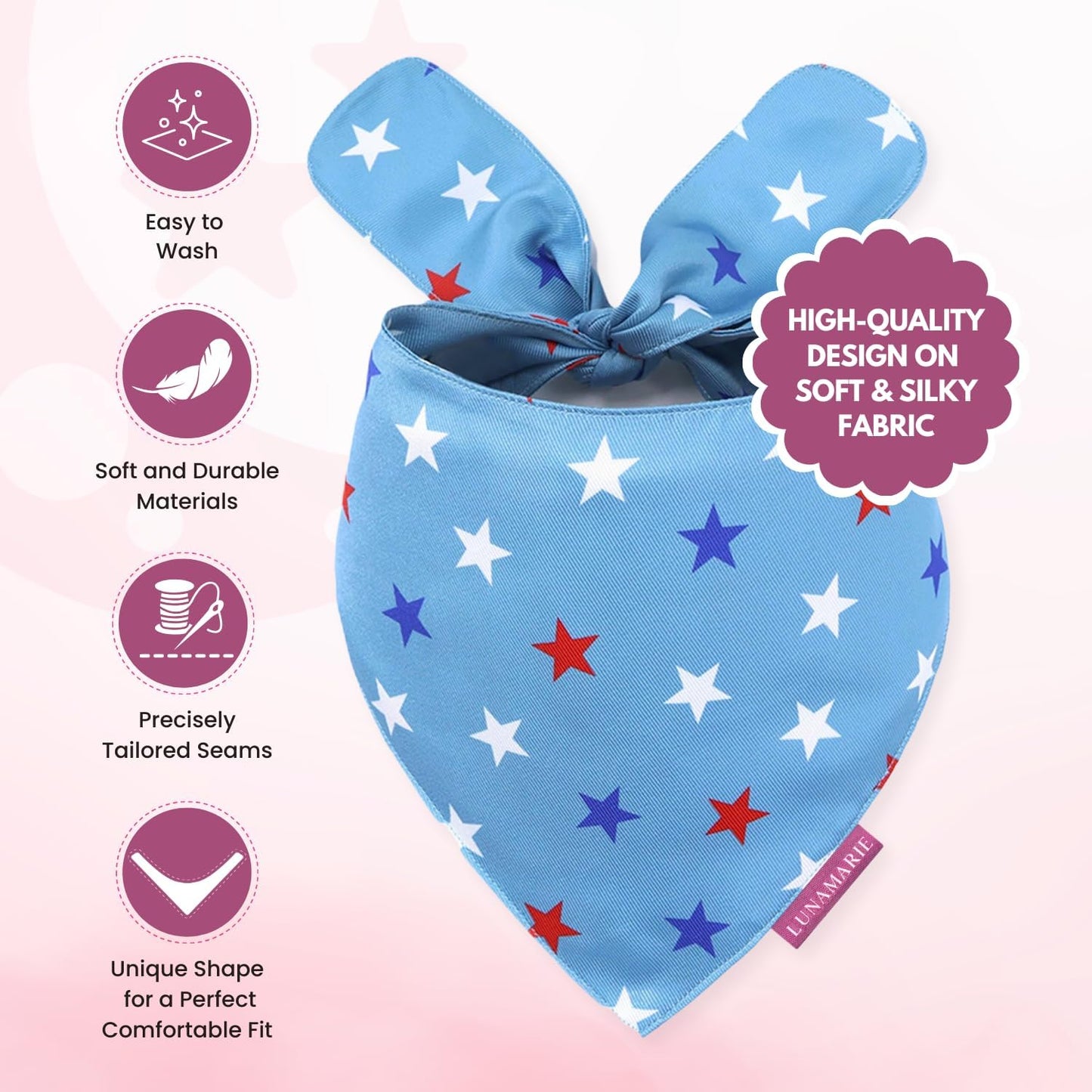 LunaMarie - Luxury Pet Birthday Bandanas -Premium & Silky Poly Fabric | 100% Handmade | Custom Shape Dual Layered (Liberty, Large)
