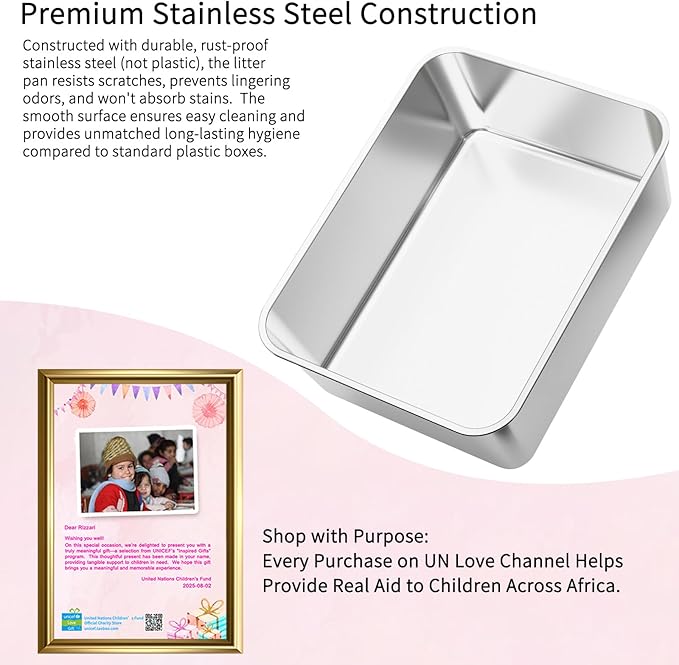 RIZZARI Cat Litter Box: Pink Stainless Steel Odor Control Pan - Easy Clean Non-Porous - 11.6" High Sides Anti-Scatter - Open Top for Fast Scooping - with Scoop - Apartment Bathroom/Laundry Room