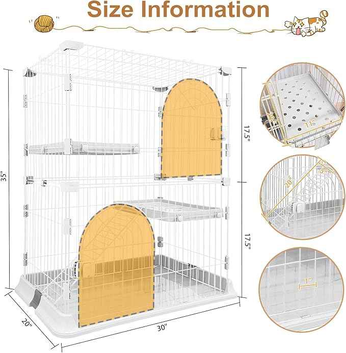 Cat Cage 2-Tier Indoor Cat Enclosure with Widen Bottom Buckle & Reinforced Locking Clamps DlY Cat Playpen for 1-2 Cats & Small Pets,30" Lx 20" W X 35" H (White, Two-Tier35)