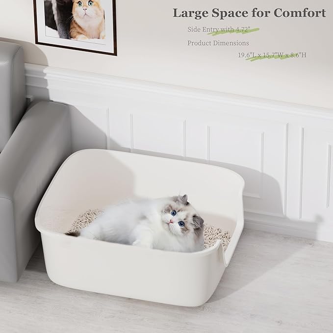 Vealind Large Cat Litter Box High Sided Entry Cat Litter Pan 50 x 40 x 22 CM, Anti-Splashing Deep Tall Cat Boxes for Indoor Cats Basics Kitty Litter Box (White)