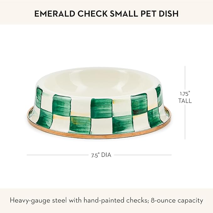 MACKENZIE-CHILDS Enamel Cat Dish, Cute Cat Bowl for Food and Water, Green-and-White Emerald Check