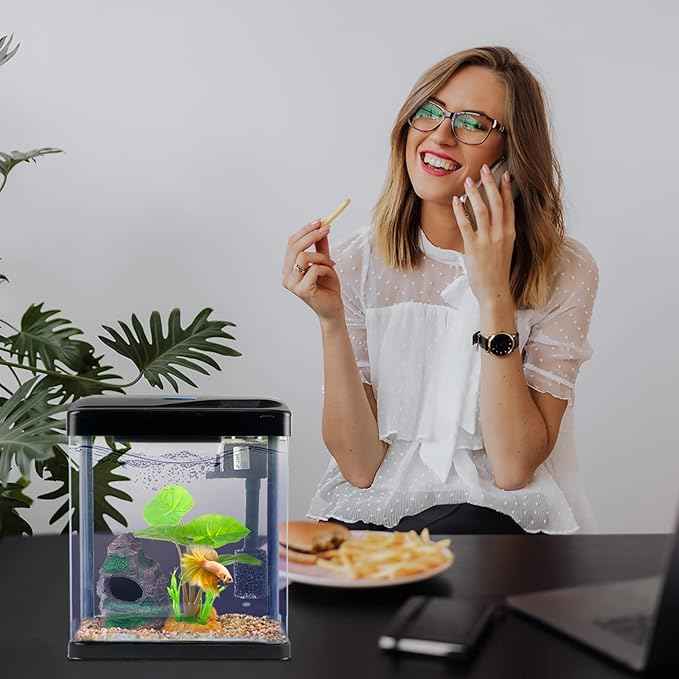 Betta Fish Tank Self Cleaning Glass 2 Gallon Small Nano Aquarium Starter Kits Desktop Room Decor w/LED Light Decorations & Whisper Filters Water Pump (Fish Tank)