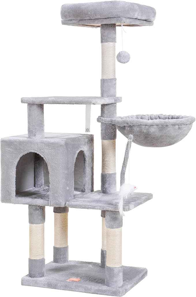 Heybly Cat Tree with Toy, Cat Tower Condo for Indoor Cats, Cat House with Padded Plush Perch, Cozy Hammock and Sisal Scratching Posts, Light Gray HCT004W