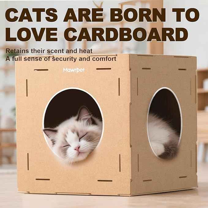 DIY Cat House with Scratcher Cardboard, Condo with Scratching Pads,Cats Play House, DIY Modular Cat Boxes, Indoor Kitty Scratcher Hideout for One or More Cats, Cat Tower Castle Tunnel, 5 Parts