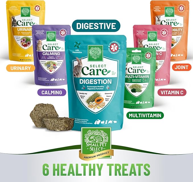 Small Pet Select - Select Care Digestion Support Supplement, Natural High Fiber Timothy Hay Based Treats for Rabbits, Guinea Pigs, Hamsters, Other Small Animals, 4.2 oz